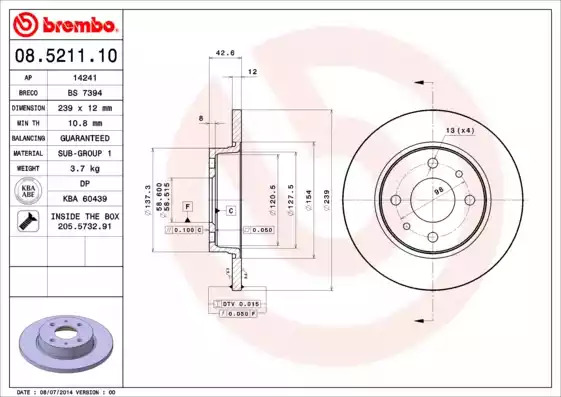 Тормозной диск BREMBO 08.5211.10
