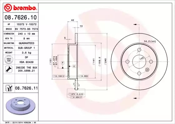 Тормозной диск BREMBO 08.7626.11