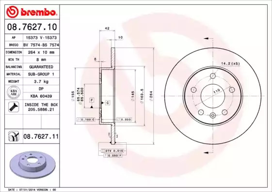 Тормозной диск BREMBO 08.7627.11