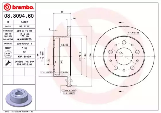 Тормозной диск BREMBO 08.8094.60