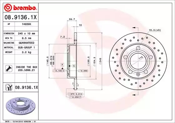 Тормозной диск BREMBO 08.9136.1X