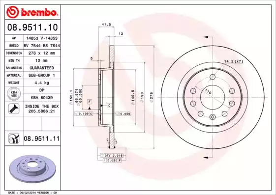 Тормозной диск BREMBO 08.9511.10