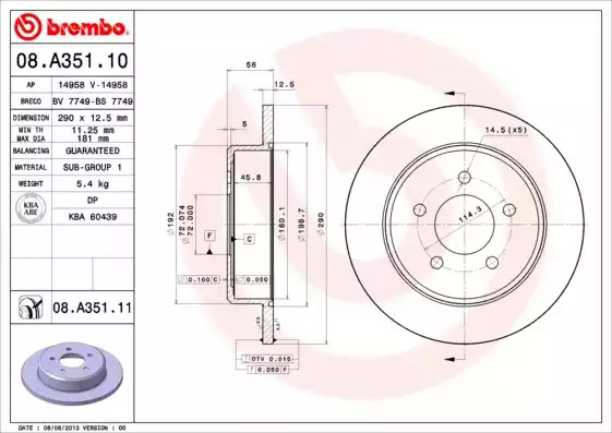 Тормозной диск BREMBO 08.A351.11