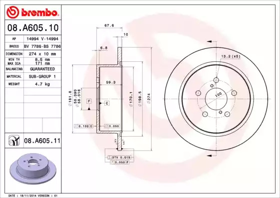 Тормозной диск BREMBO 08.A605.11