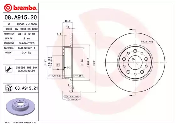 Тормозной диск BREMBO 08.A915.21