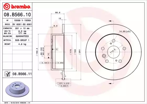 Тормозной диск BREMBO 08.B566.11