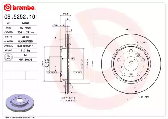 Тормозной диск BREMBO 09.5252.10