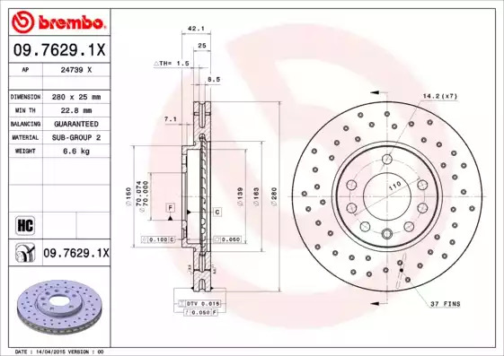 Тормозной диск BREMBO 09.7629.1X