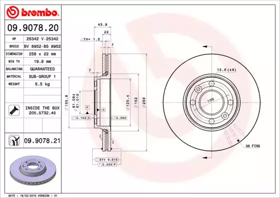 Тормозной диск BREMBO 09.9078.20