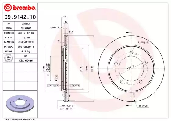 Тормозной диск BREMBO 09.9142.10