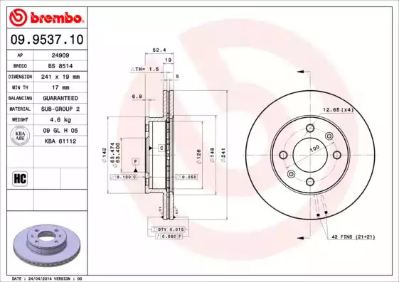 Тормозной диск BREMBO 09.9537.10