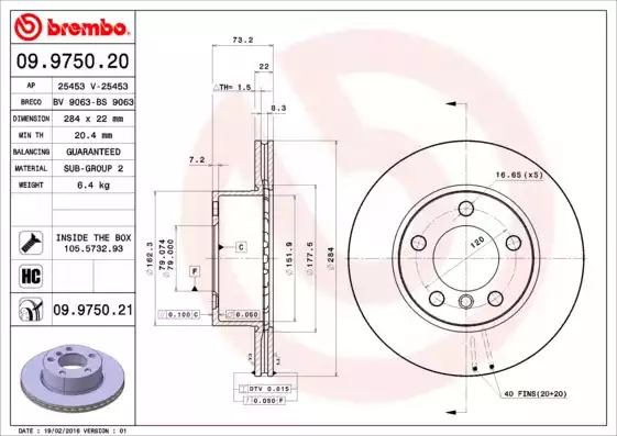 Тормозной диск BREMBO 09.9750.21