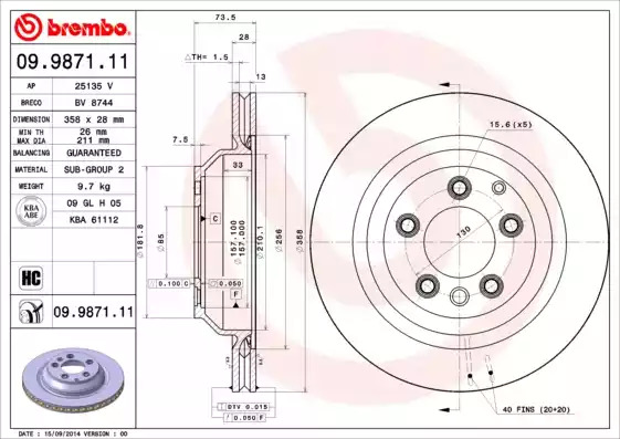 Тормозной диск BREMBO 09.9871.11