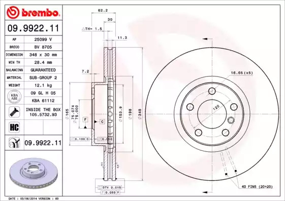 Тормозной диск BREMBO 09.9922.11