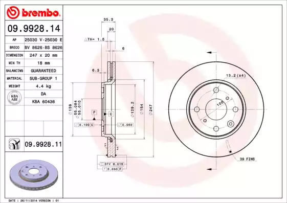 Тормозной диск BREMBO 09.9928.14