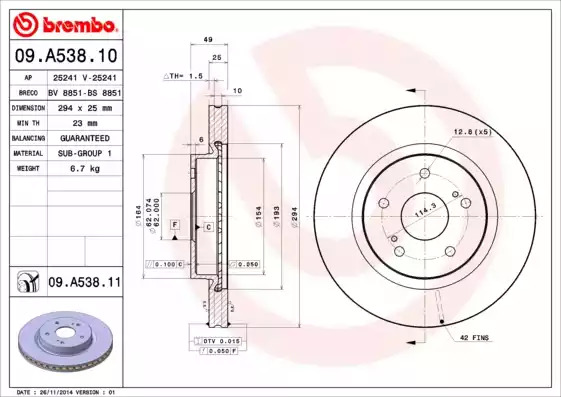 Тормозной диск BREMBO 09.A538.10