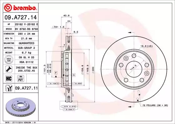 Тормозной диск BREMBO 09.A727.11