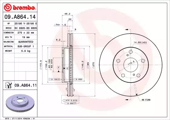 Тормозной диск BREMBO 09.A864.14