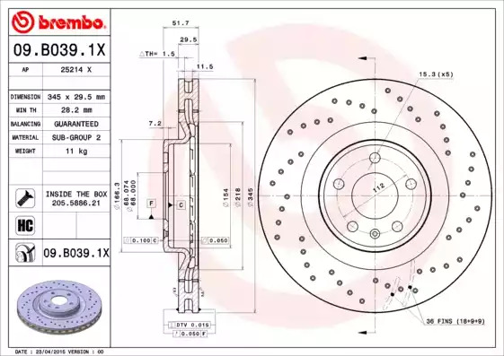 Тормозной диск BREMBO 09.B039.1X