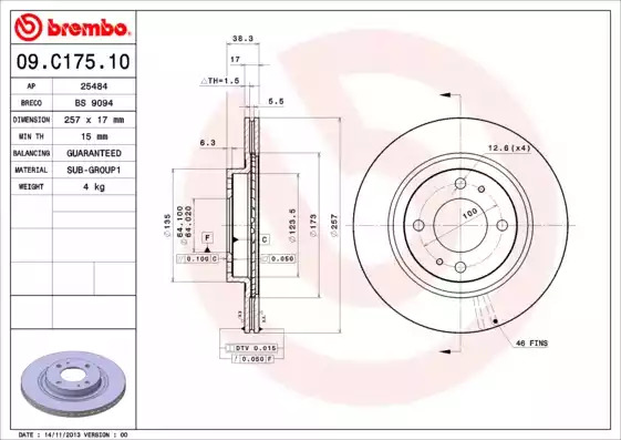 Тормозной диск BREMBO 09.C175.11