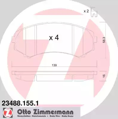 Комплект тормозных колодок ZIMMERMANN 23488.155.1 (23488, 24066)