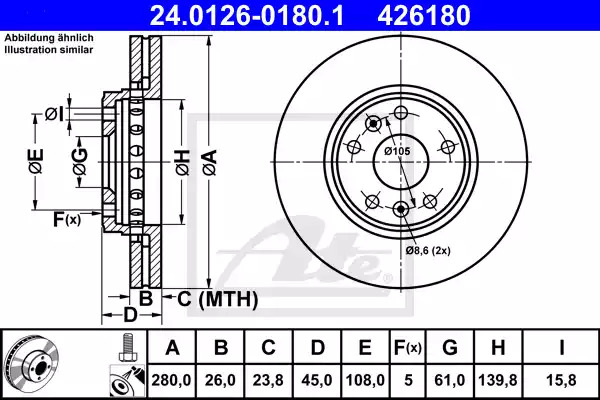 Тормозной диск ATE 24.0126-0180.1 (426180)