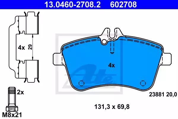 Комплект тормозных колодок ATE 13.0460-2708.2 (602708, 23881)