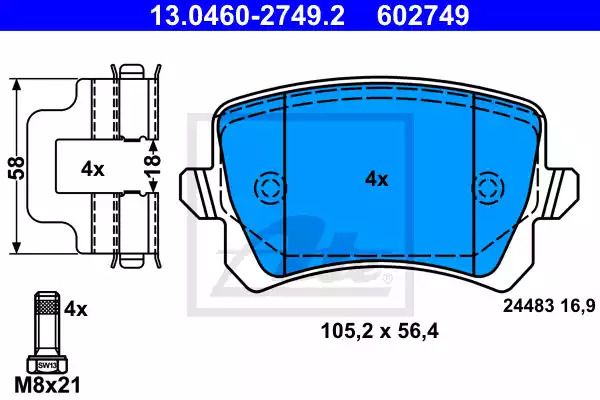 Комплект тормозных колодок ATE 13.0460-2749.2 (602749, 24483)