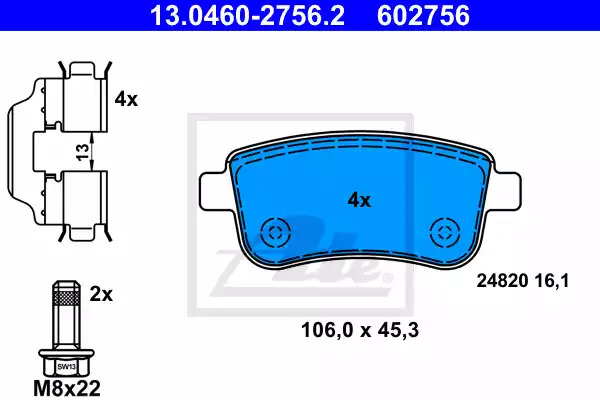 Комплект тормозных колодок ATE 13.0460-2756.2 (602756, 24820)