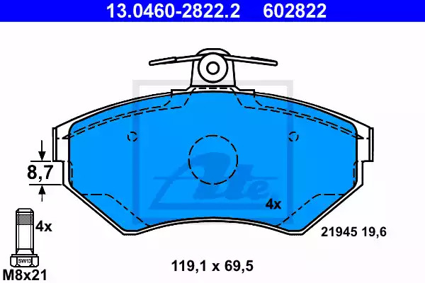 Комплект тормозных колодок ATE 13.0460-2822.2 (602822, 21945)