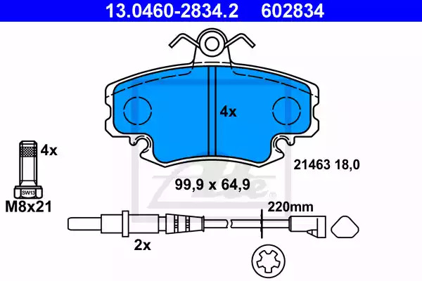 Комплект тормозных колодок ATE 13.0460-2834.2 (602834, 21463)