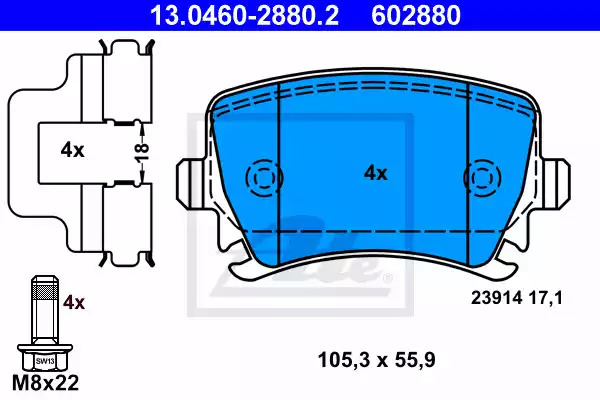 Комплект тормозных колодок ATE 13.0460-2880.2 (602880, 23914)