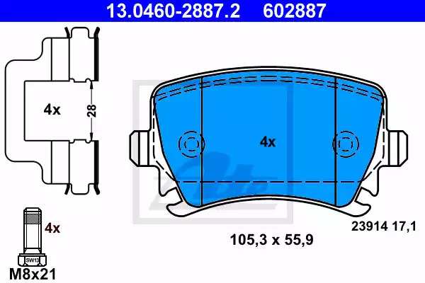 Комплект тормозных колодок ATE 13.0460-2887.2 (602887, 23914)