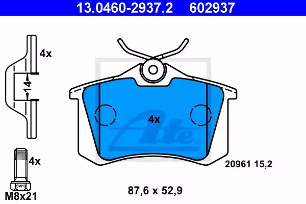 Комплект тормозных колодок ATE 13.0460-2937.2 (602937, 20961)