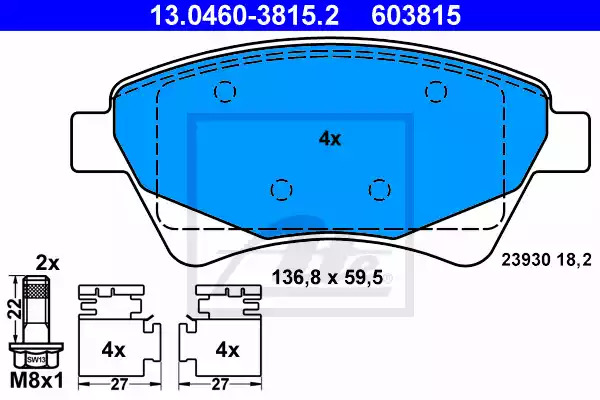 Комплект тормозных колодок ATE 13.0460-3815.2 (603815, 23930)