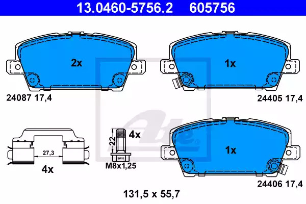 Комплект тормозных колодок ATE 13.0460-5756.2 (605756, 24087, 24405, 24406)