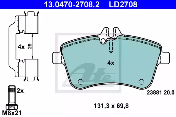Комплект тормозных колодок ATE 13.0470-2708.2 (LD2708, 23881)