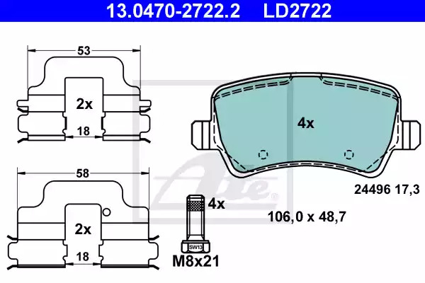 Комплект тормозных колодок ATE 13.0470-2722.2 (LD2722, 24496)