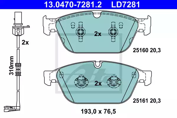 Комплект тормозных колодок ATE 13.0470-7281.2 (LD7281, 25160, 25161)
